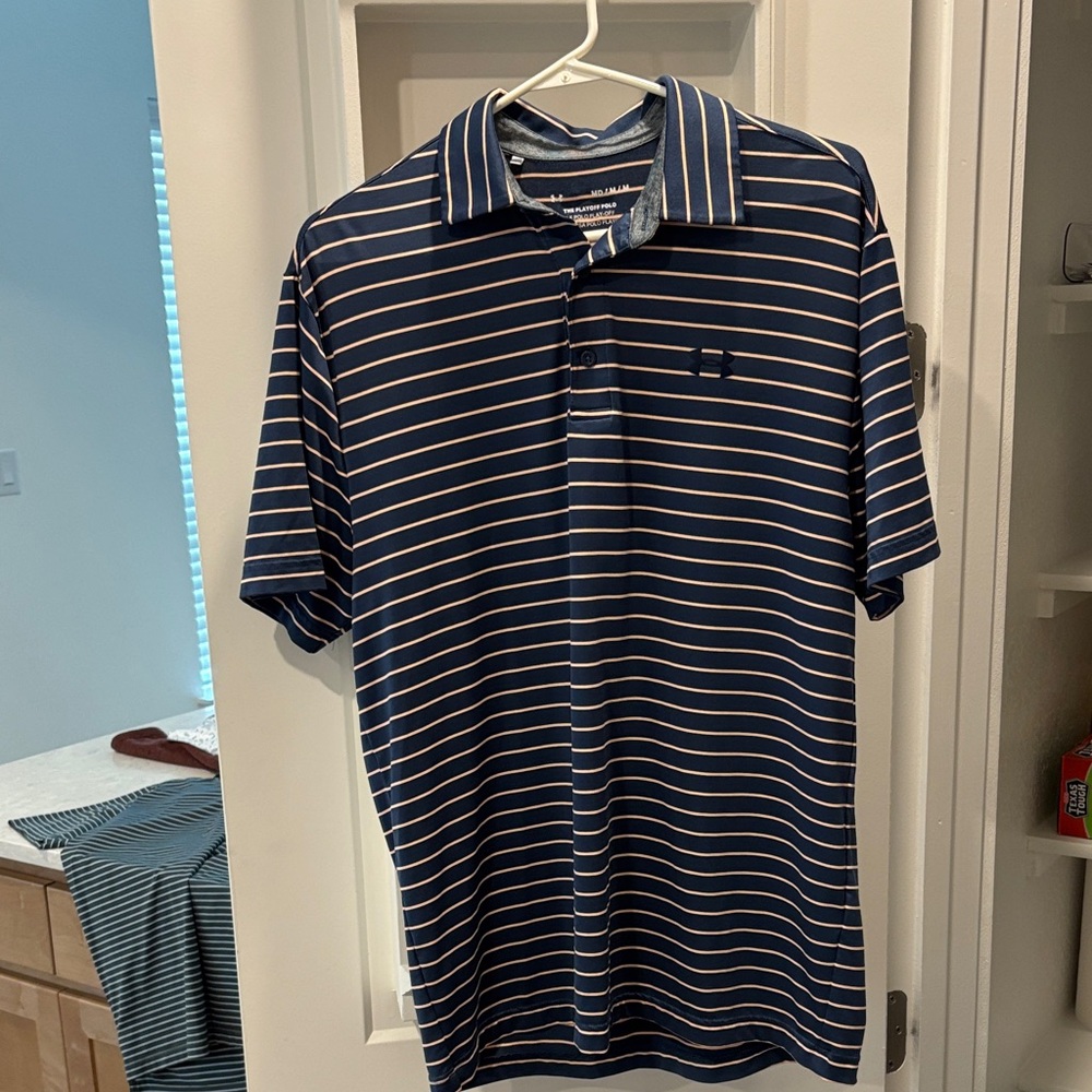 Men's UA Striped playoff Polo Shirt - Navy and pink (M)